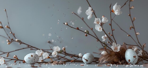 Elegant spring composition blossoming branches and speckled eggs minimalist seasonal decor perfect for calm backgrounds or wall art AI