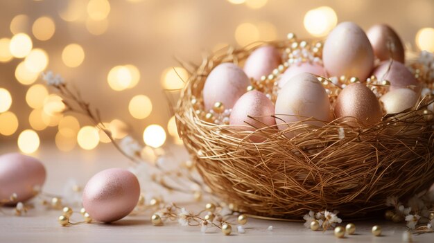 An elegant springtime display featuring an easter basket with sparkling eggs set against a soft bokeh backdrop