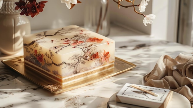 Photo elegant square cake with artistic floral design sophisticated dessert concept perfect