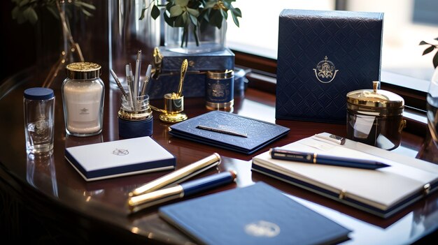 Elegant stationery set with fountain pens notebooks and envelopes