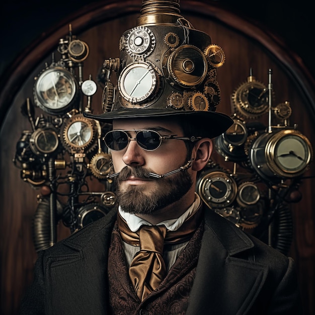 Elegant steampunk man wearing leather jacket and hat Generative AI