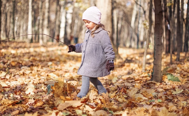 Elegant stijlvol klein meisje in trendy grijze jas hoed panty wandelen in herfst park buitenshuis Spelen met bladeren geel gebladerte Mooie mode herfst fotoshoot Familiewandeling