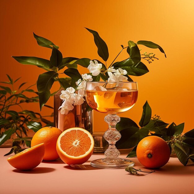 Elegant still life of refreshing vermouth drink with cut oranges