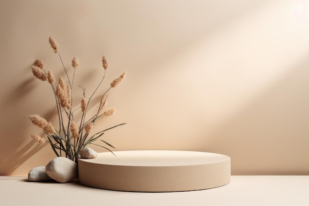 Elegant Stone Podium Enhanced by a Delicate DroughtResistant Plant on a Beige Background