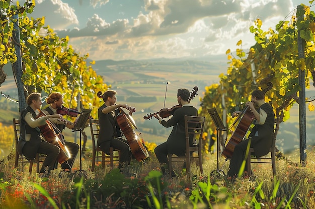 Foto elegant strijkkwartet speelt in een wijngaard.