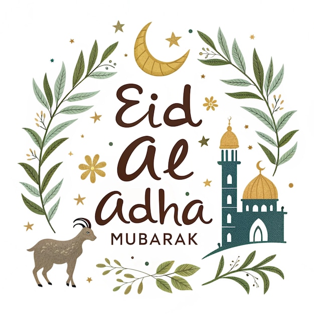 Элегантный стиль Eid Ul Adha Mubarak Каллиграфия кистью с листьями и ветвями Естественная