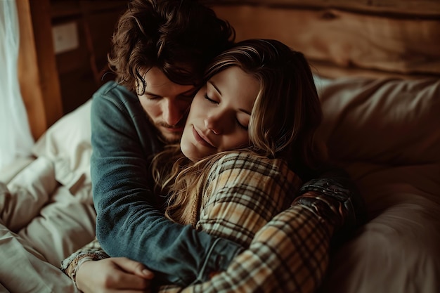 Elegant Style of Woman and Man Hugging on Bed