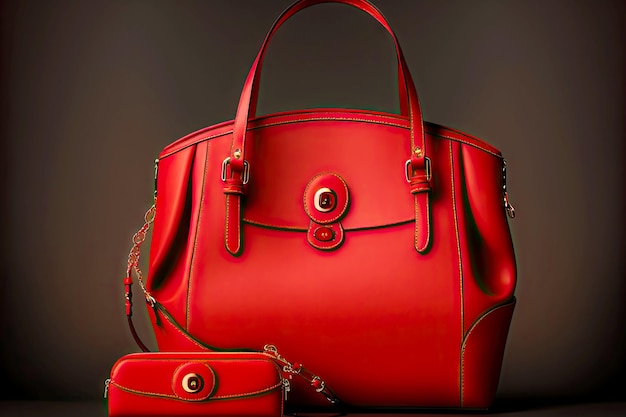 검정색 배경에 지갑이 있는 우아하고 세련된 빨간색 여성용 핸드백