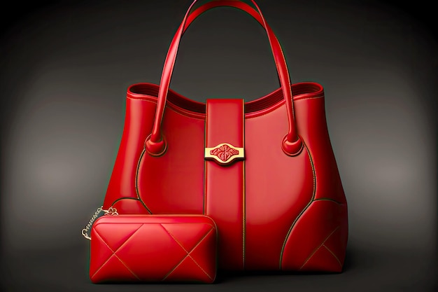 검정색 배경에 지갑이 있는 우아하고 세련된 빨간색 여성용 핸드백