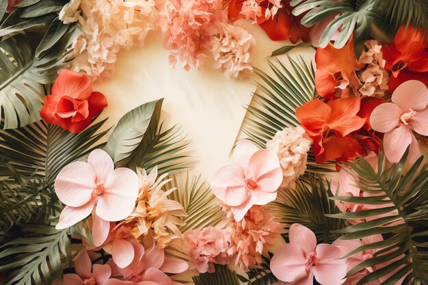 Elegant summer sale with tropical flowers and leaves