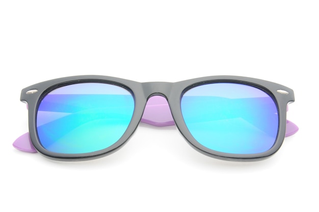 Elegant sunglasses in dark purple colored glasses on an isolated white
