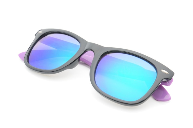 Elegant sunglasses in dark purple colored glasses on an isolated white
