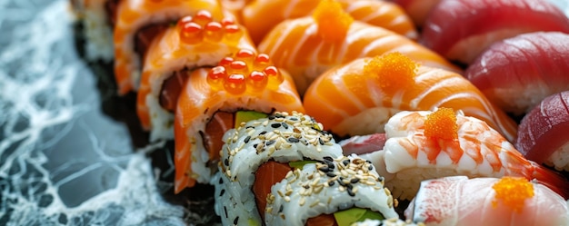 Elegant sushi-arrangement op een marmeren achtergrond met zalm, tonijn en gegarneerde rollen