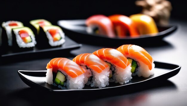 Elegant sushi platter presentation on black background