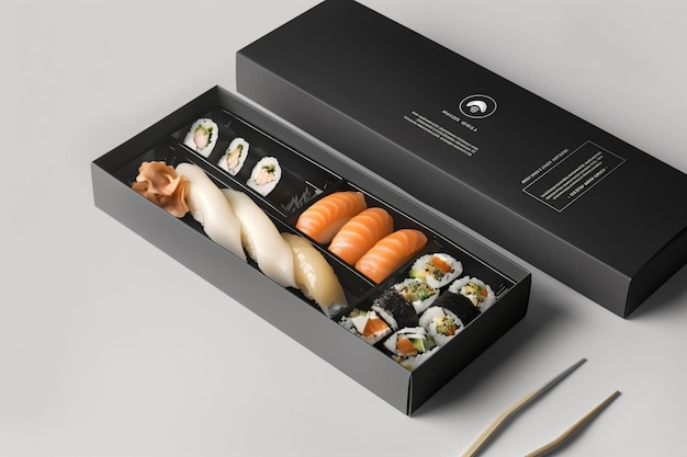 Foto elegante sushi in una scatola nera con le bacchette