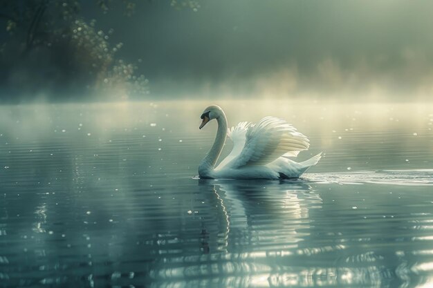 An elegant swan glides across the lake its long neck outstretched