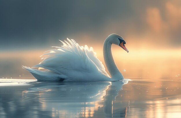 An elegant swan glides across the lake its long neck outstretched