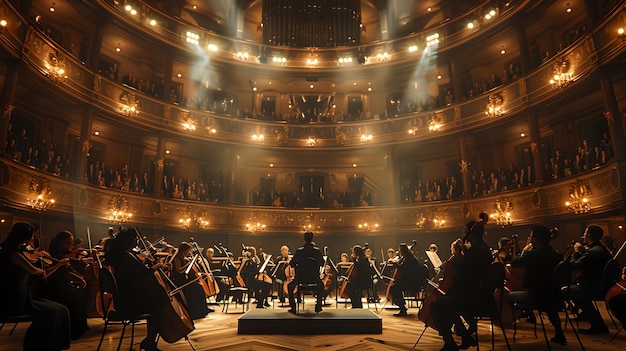 エレガントな交響楽団がグランド・シアターで演奏 ミュージシャンがステージでクラシック音楽を演奏 豊かな環境で芸術的なイベントを AIで育てます