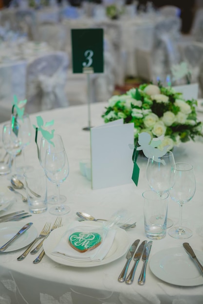 Elegant table set up for wedding banquet