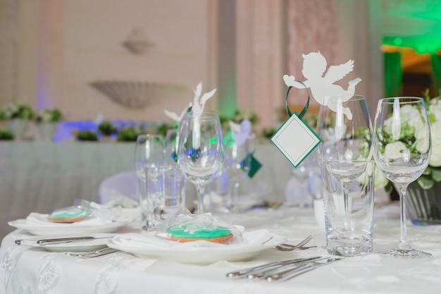 Elegant table set up for wedding banquet