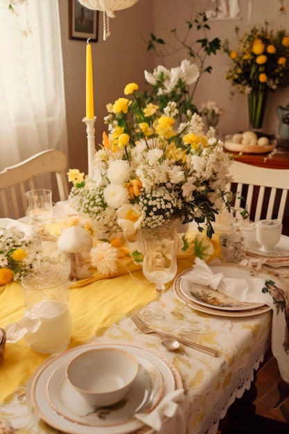 Elegante tavola apparecchiata con centrotavola floreale per cene all'aperto