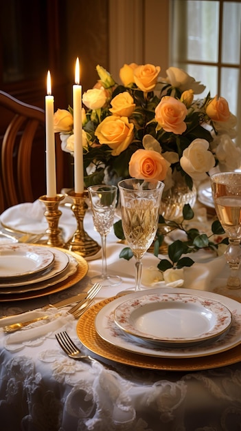 花 と ろうそく で 装飾 さ れ た 優雅 な テーブル