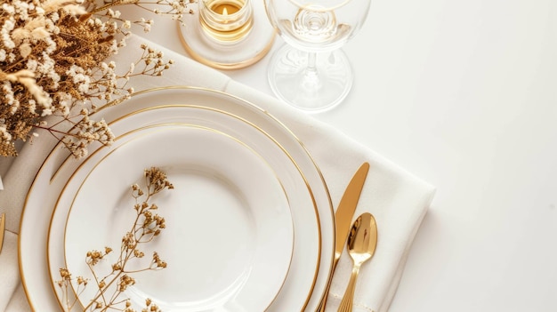 Photo elegant table setting with gold cutlery and white porcelain plates