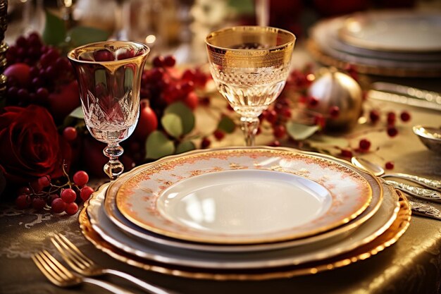 Elegant table setting with goldaccented dinnerware and glassware