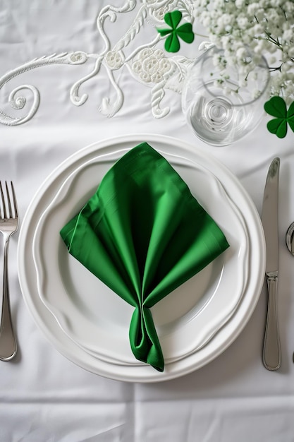 Elegant table setting with green napkin and shamrock saint patricks day theme fine dining copy space