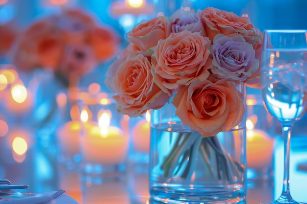 Elegant Table Setting with Peach Roses in Glass Vase for Romantic Dinner or Wedding Reception with