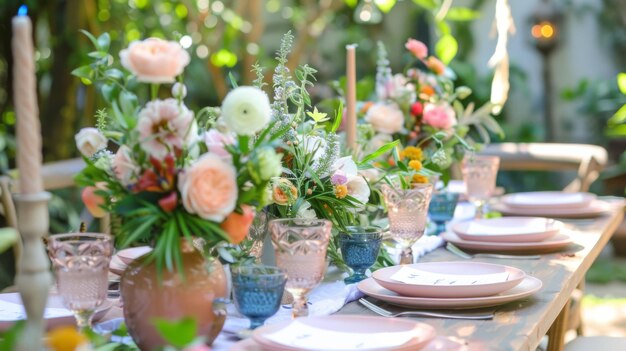 Elegant table setting with plates and flowers