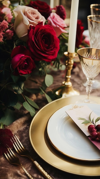Элегантная формальная сервировка обеденного стола с красными розами и вином, элегантный декор стола для свадебного ужина и украшения праздничного мероприятия, идея домашнего стиля