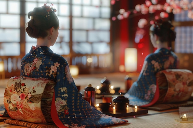 Photo elegant tea ceremony in traditional attire octane