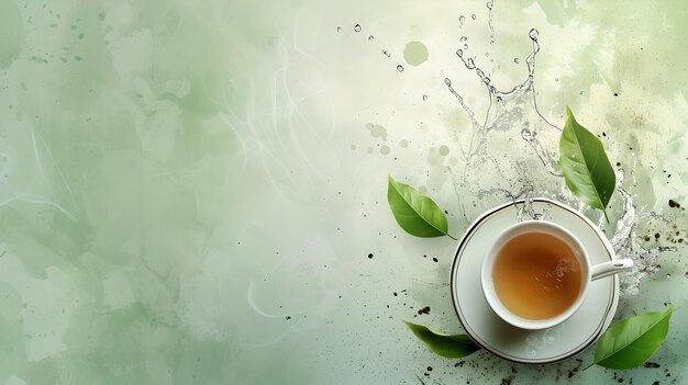 Photo elegant tea cup surrounded by fresh green leaves on a light watercolor background perfect for relaxation themes ai