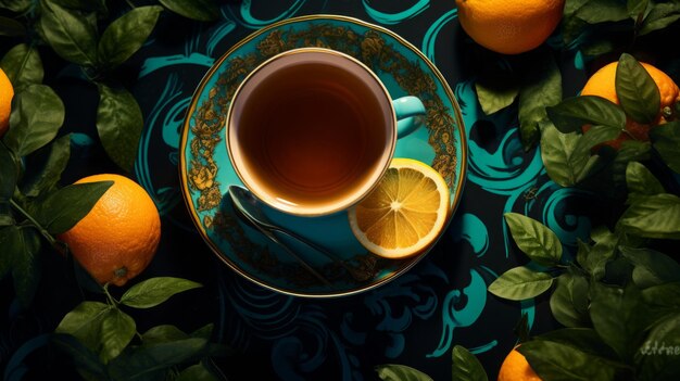 Photo elegant tea cup with fresh oranges