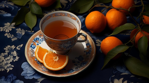 Foto elegante tazza di tè con arance fresche