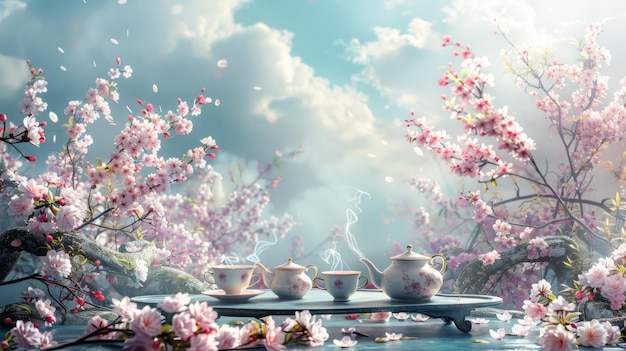 Elegant tea garden with floating teapots and cherry blossoms