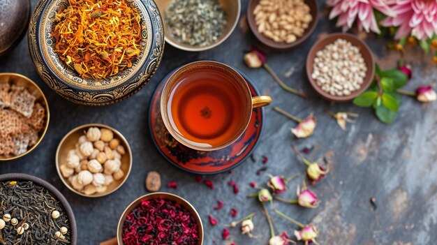 Elegant Tea Tasting Setup with Cultural Decorations