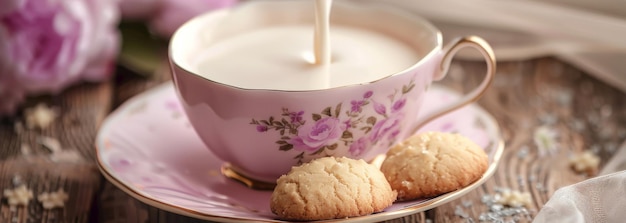 Elegant Tea Time Vintage Teacup with Fresh Milk Pour and Butter Cookies