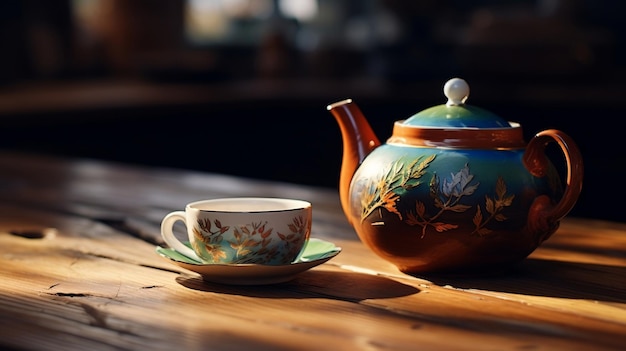 Elegant Teatime Setting Teapot and Cup on Wooden Table Ai