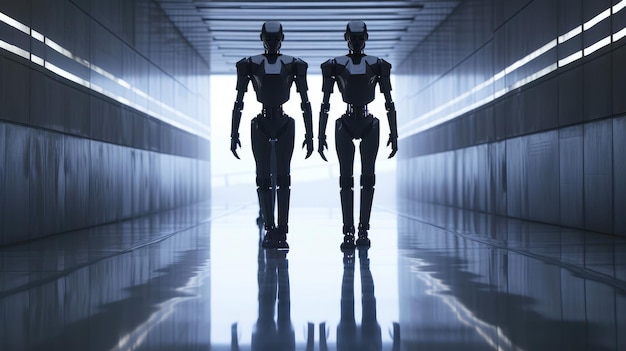 Elegant Tech Three Robots Grace a City Hallway