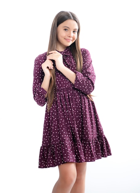 Elegant teenager child girl in fashion summer dress Portrait of happy smiling teenage child girl