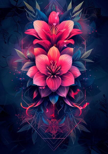 Elegant tehnologic pink dark background surrounded by geometric patterns and shapes
