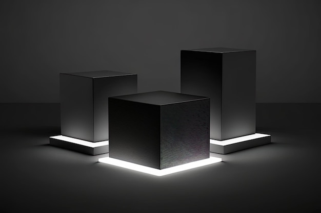 Elegant three black cube stand for product placement mockup Dark podium exhibition scene background Minimal box platform showroom with spot light Generative AI