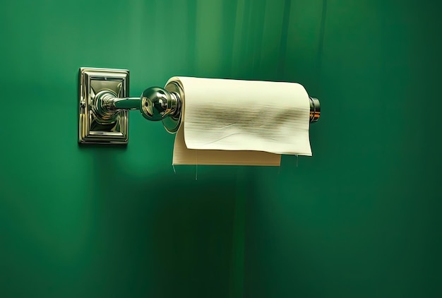 An elegant toilet paper holder is displayed against the green wall in the style of metallic