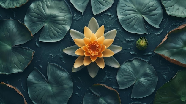 Elegant topbeeld van een lotusbloem die sierlijk drijft in een vijver gepresenteerd op een fine art donkere verf canvas textuur Dit behang belichaamt de vreedzame essentie van een Japanse zen AI Generative