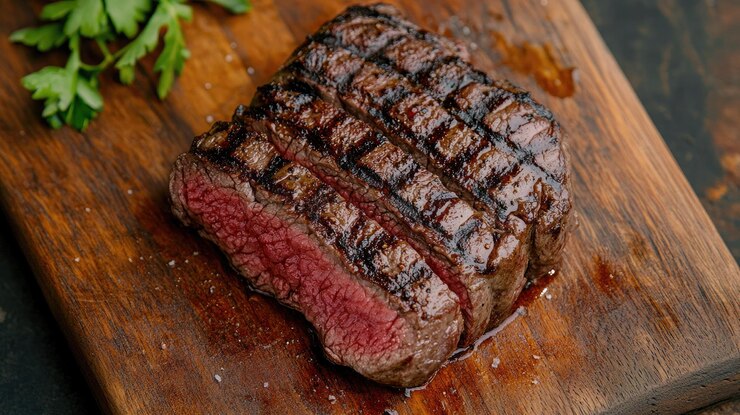 Photo elegant topdown shot of a perfectly grilled medium rare beef steak on a wooden board showcasing its juicy texture and delicious sear