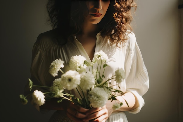 エレガントなタッチ 女性は白い花のブーケットで飾られています AR32