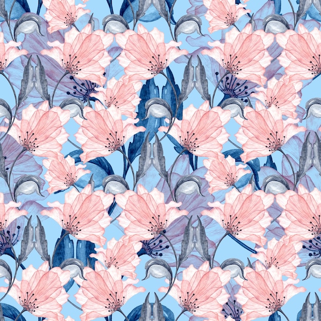 Elegant transparent watercolor flowers seamless pattern 