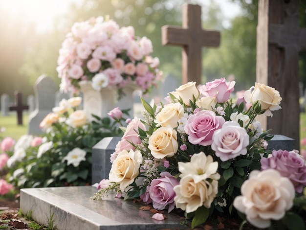 Elegant Tribute Pastel Funeral Flowers on a Grave